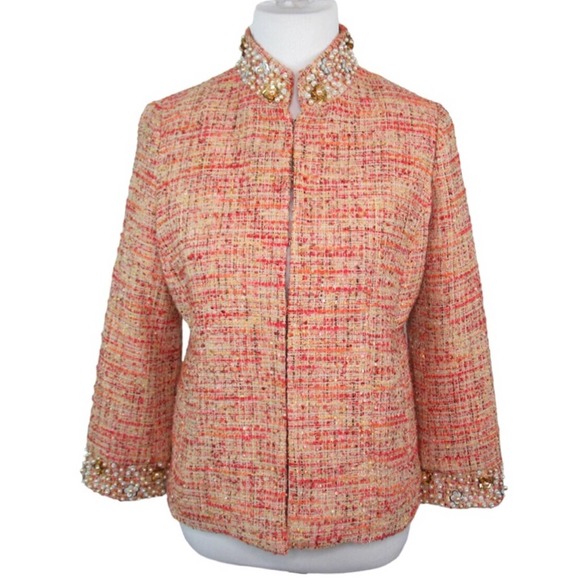 CHICO’S Tweed Pearl & Sequin Embellished Hook Front Jacket Women’s Size Small - Picture 1 of 13